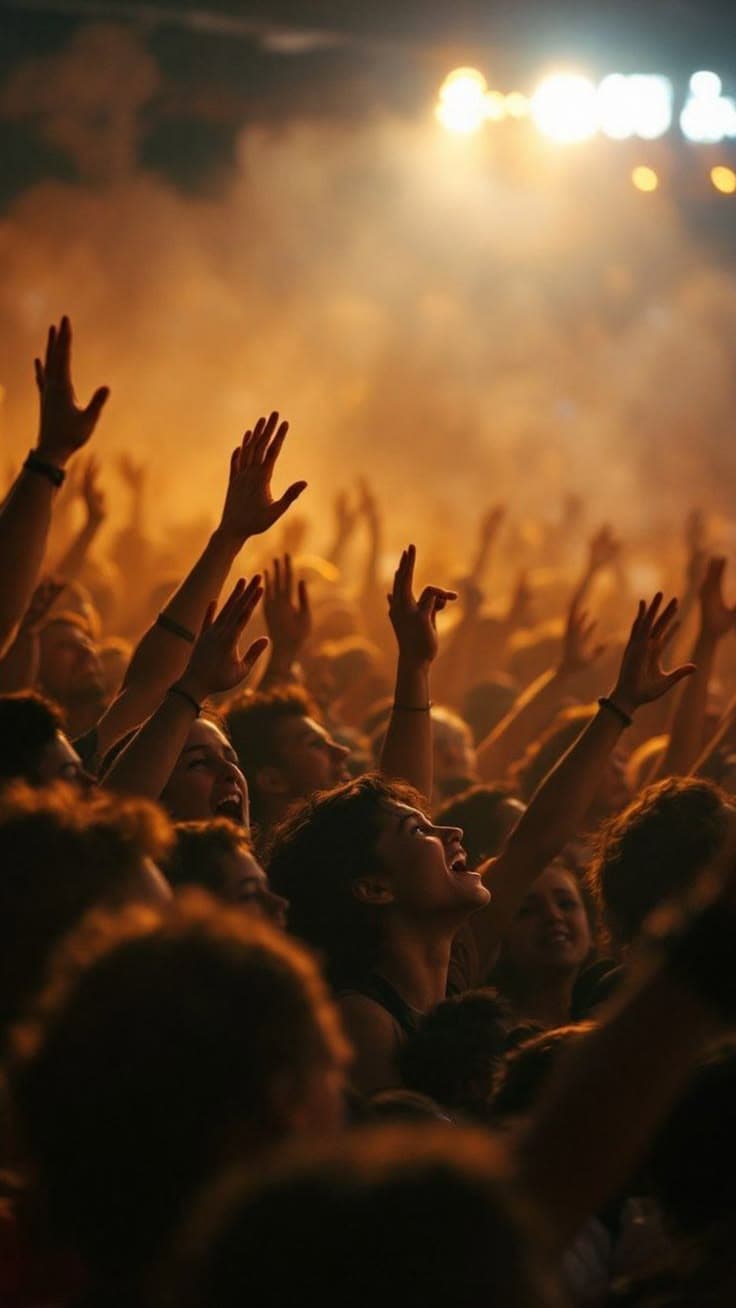 A crowd with raised hands, singing and dancing