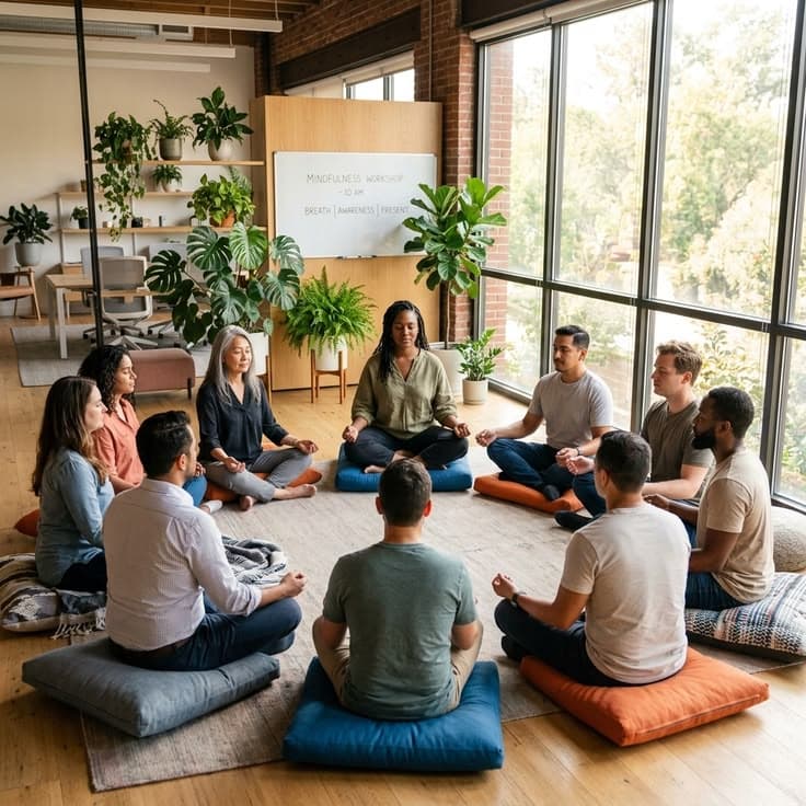 A group meditating cross-legged on cushions in a circle