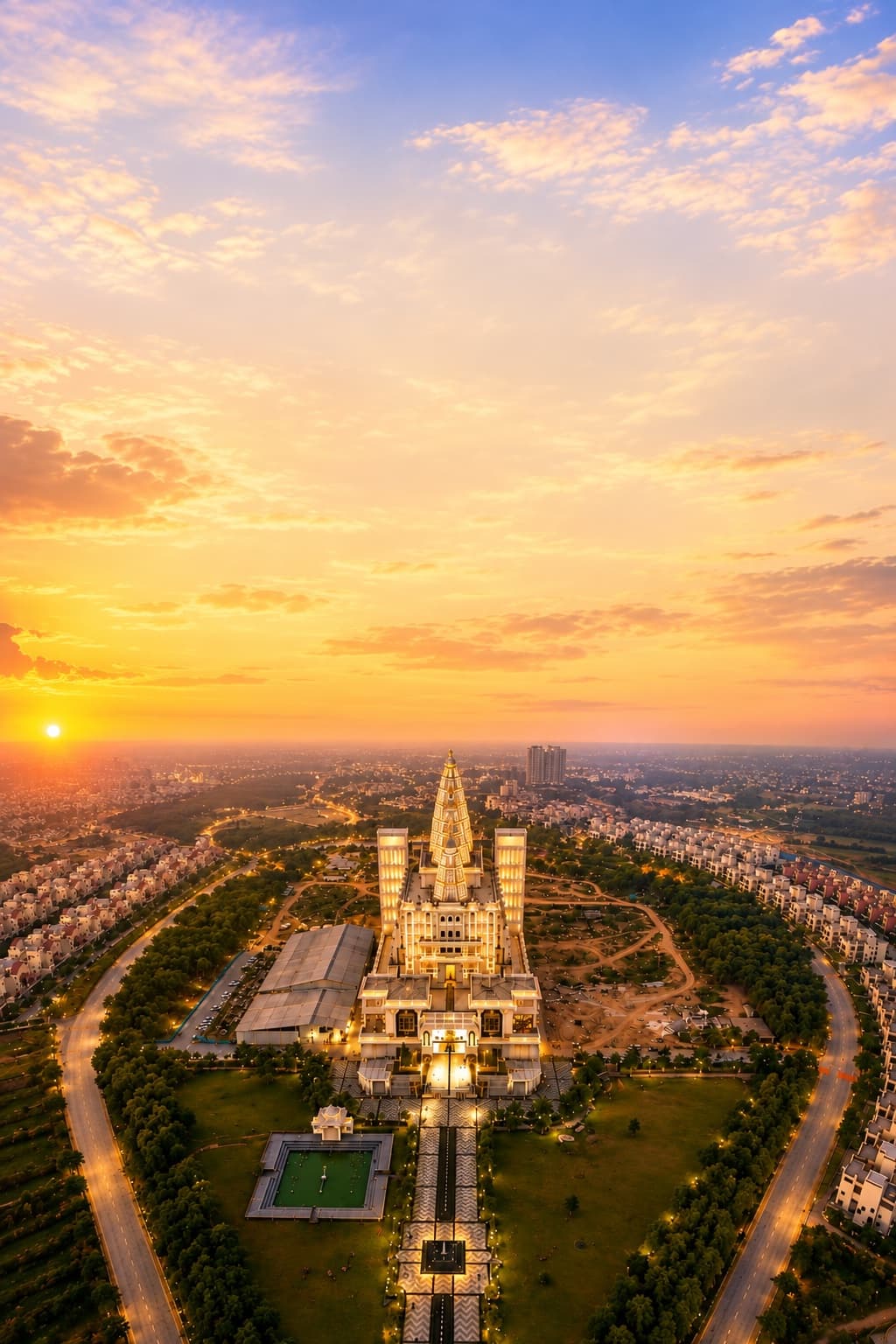 Aerial view of a towering temple at sunset